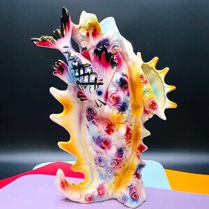 Midcentury Formenton ITALY Ceramic Gilded Lusterware Fish Seashell Flower Vase